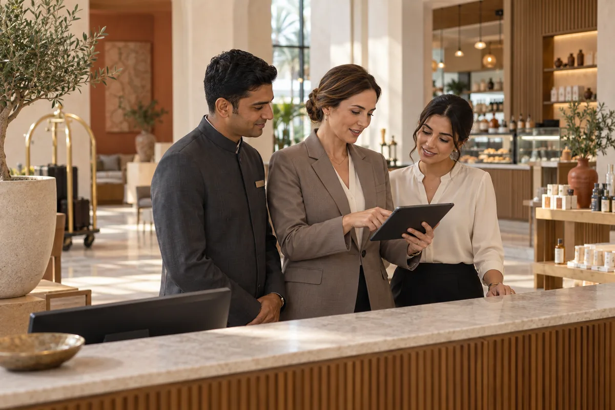 Hospitality colleagues reviewing a shift plan at a hotel reception